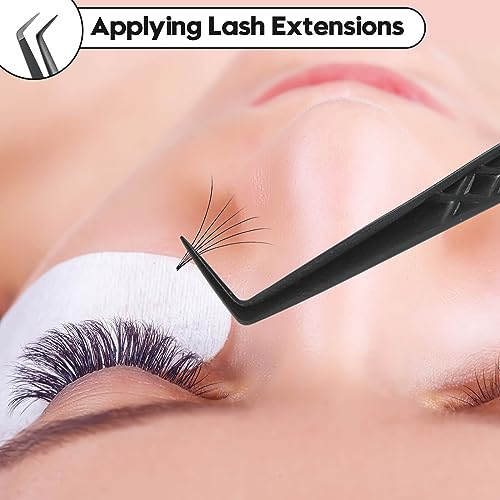 Ms.Queen Lash Tweezers for Eyelash Extensions,Set of 5,Fiber Tip Curved 45 90 Degree and L-Shape Boot Lash Tweezers for Mega Volume & Classic Lashes,Black