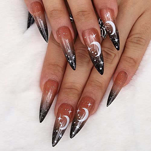 Outyua Stiletto Halloween Long Press on Nails with Designs Moon Acrylic Fake Nails Ballerina False Nails Full Cover Nails 24Pc (Moon)