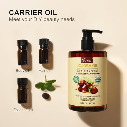 Yoken Organic Jojoba Oil 16oz - USDA Certified Cold Pressed