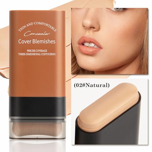 Flawless Face Foundation Stick,2-in-1 Long-Lasting Concealer Foundation Stick with Brush,Multi-Use Makeup for Dark Circles & Blemishes,Waterproof Thin Contour Sticks for Face Makeup (02#Natural)