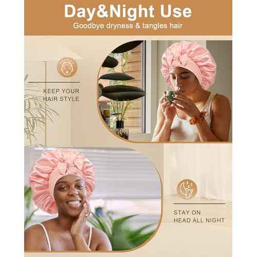 Extra Large Satin Bonnet for Sleeping Jumbo Silk Bonnet Double Layer Hair Bonnet for Women with Elastic Tie Band Sleep Bonnet Hair Wrap for Braids Curly Hair(Apricot Powder+Champagne)
