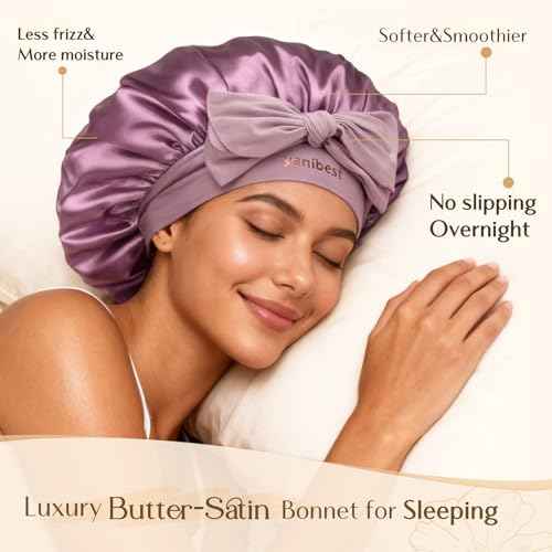 YANIBEST Silk Bonnet for Sleeping Women, Satin Hair Bonnet with Tie Band, Night Sleep Cap Wrap for All Hair Types Purple