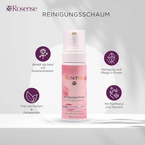 Rosense Cleansing Foam - Moisturising Facial Cleansing with 91% Natural Rose Water Vegan - 150 ml
