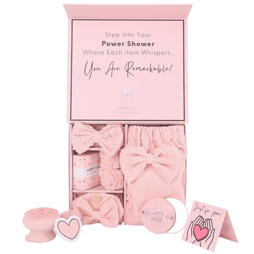 Happy Lolli Power Shower Gift Set ? College Essential Bath Accessories for Women and Teen Girls ? Includes Body Towel, Hair Towel, Wrist Bands, Headband, Face Sponge and More (Fresh in Pink)