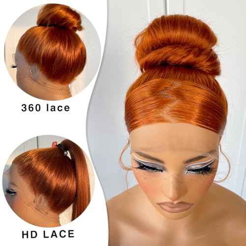 360 Ginger Orange Lace Front Wig Pre Plucked HD Synthetic Long Straight Lace Front Wigs 180 Density Yaki Glueless Ginger Lace Front Wig 32inch