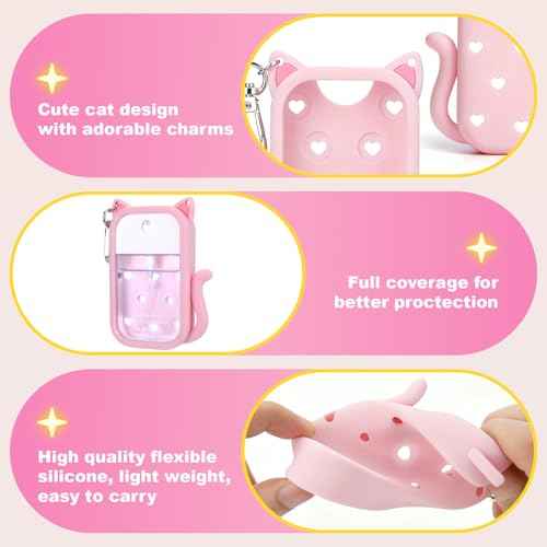 Juome Silicone Case for Touchland Hand Sanitizer Spray with Keychain & Charms, Cat Protective Holder Compatible with Touchland Power Mist & Glow Mist 1 FL Oz/30ML, Travel Cover Sleeve Accessory (Pink)
