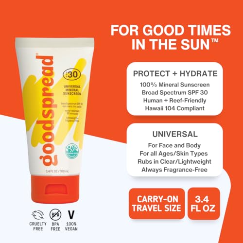 Mineral Sunscreen SPF 30 ? No White Cast, Reef Safe, Non Nano Zinc Oxide, Water Resistant, Lightweight, Face & Body Sunscreen for Sensitive Skin ? Goodspread