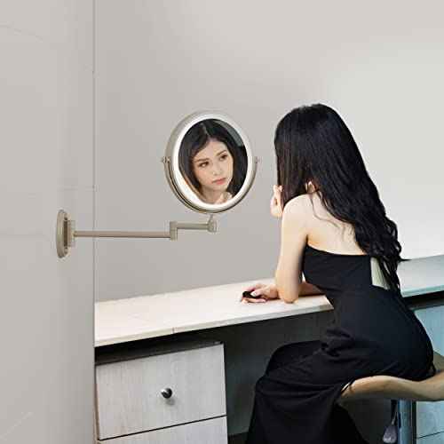 Rechargeable Makeup Mirror Wall Mounted with Double Side 1X/10X Magnification,3 Color Lights Touch Screen and 360¡Æ Swivel Extendable(Brushed Grey)