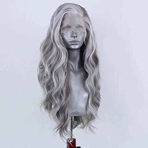 RONGDUOYI 24Inch Grey Mixed White Natural Wave Wig for Women Highlight Lace Front Wig with Natural Hairline Free Part Synthetic Daily Wear Wig