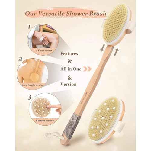 Dry Brushing Body Brush, POPCHOSE Body Scrubber for Men Women, Back Scrubber for Shower, Natural Bristle Exfoliator Scrubber for Body Cellulite and Lymphatic, Long Handle, Detachable, Dual Brush Heads