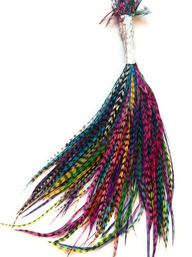 200 Short Real Rooster Feathers Rainbow Hair Extensions