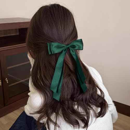 5.5in Hair Clips for Women Dark Green Tassel Ribbon Bow-knot Hairpins with Long Tail,Solid Satin Polyester Alligator Barrettes Claw Clips for Girls Stylish Hair Accessories