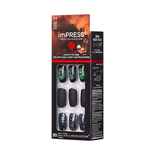 KISS imPRESS Limited Edition Halloween Press-On Nails, Glow-In-The-Dark, PureFit Technology, 'Witchful Thinking’, with Prep Pad, Mini File, Cuticle Stick, & 30 Fake Nails