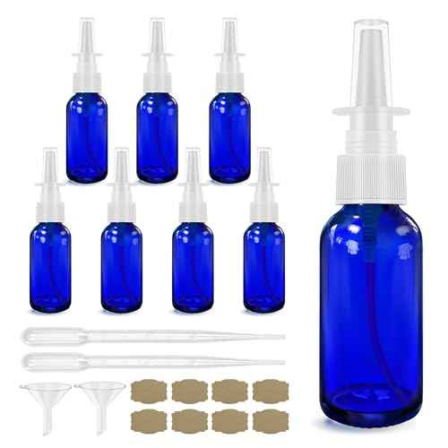 Nasal Spray Bottle 8Pcs 1oz (30ml),Empty Nose Spray Bottle,Glass Nasal Spray Bottles with Funnel, Dropper,Label,Cobalt Blue Glass Press Spray Head Refillable Portable Fine Mist Travel Bottle