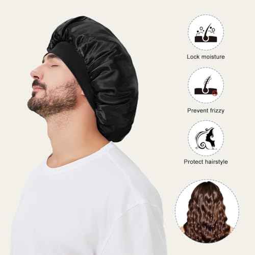 2 PCS Satin Silk Bonnet for Men Women, Hair Bonnet for Sleeping Men with Elastic Band, Large Silk Bonnet for Men Women Curly Hair Braids (Black+Blue)