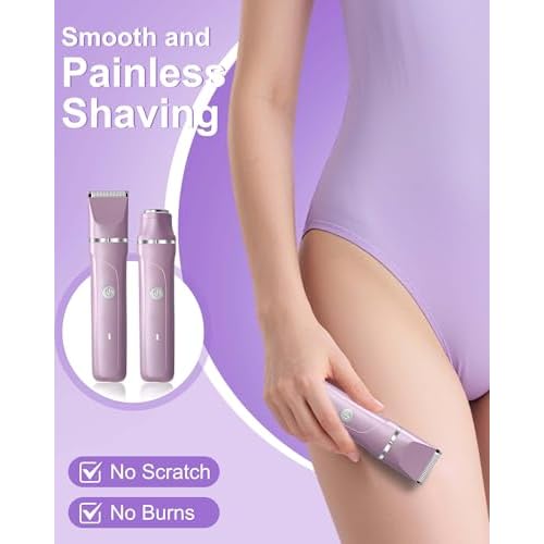 Electric Razors for Women 2 in 1 Bikini Trimmer for Women Cordless Dry/Wet Use Electric Shaver for Pubic Hair, Armpit, Facail Hair Removal, Waterproof Pearl Purple