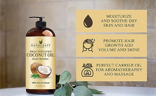 Handcraft Blends Fractionated Coconut Oil - 100% Pure & Natural Premium Grade Coconut Carrier Oil for Essential Oils, Massage Oil, Moisturizing Hair Oil & Body Oil - 16 fl. Oz