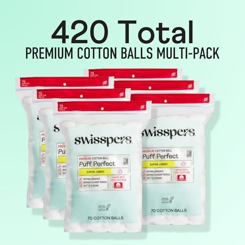 Swisspers Super Jumbo Cotton Balls - 100% Pure Cotton, 420 Ct (Pack of 6)
