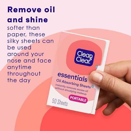 Clean & Clear Essentials Oil Absorbing Sheets, Portable Blotting Papers for Shine Control on the Face & Nose, Blotting Sheets Instantly Remove Excess Oil Without Smudging Makeup, 6 Pack