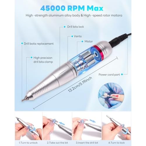 CozyZen Electric Nail Drill Professional: 45000 RPM Nail File Kit Machine with LCD Display, Hand & Foot Control Low Noise for Acrylic, Gel Nails, Manicure & Pedicure - Salon & Home Use