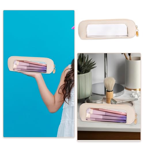 Small Clear Makeup Bag, Portable PU Leather Cosmetic Pouch Beige