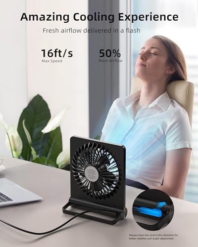 Koonie USB Fan, Strong Wind Ultra Quiet Small Desk Fan 220° Tilt Folding 3 Speeds Adjustable USB-C Corded Powered Personal Fan for Home Office Desktop Black