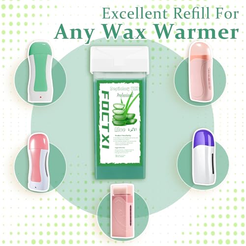 Roll on Wax Cartridge, 4 Hair Removal Aloe Vera £×ax Cartridge with 10 Pack Cleaning Oil Wipes, Depilatory Wax Roller Refill for Women Sensitive Skin