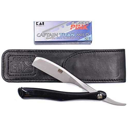 Kai Kasho Captain Japanese Professional Folding Straight Edge Barbering Razor with Leather Case - 20 Kai Captain Titan Blades Included - Also Compatible with Feather Artist Club Blades