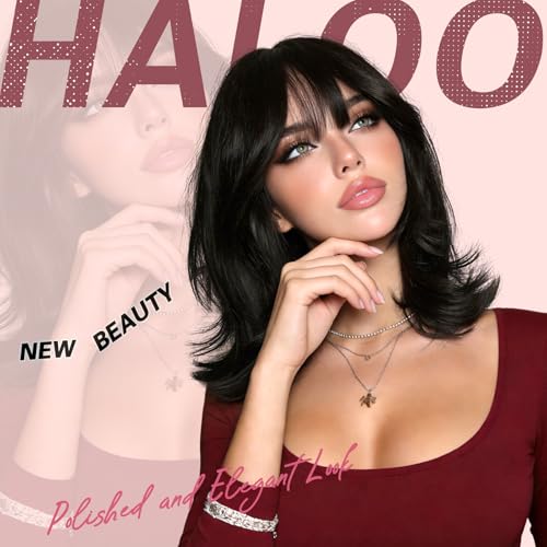 Black Short Bob Wig with Bangs 14 Inch Shoulder Length