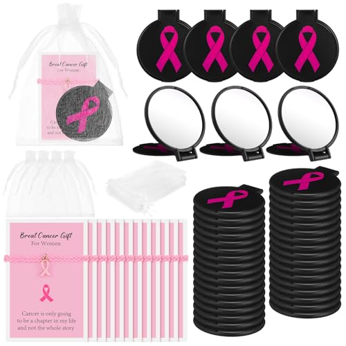 Geetery 72 Pcs Breast Cancer Awareness Gifts Set for Women Compact Folding Mirrors, Pink Ribbon Bracelets, Organza Bags for Breast Cancer Charity Event Survivor Campaign Party Accessories(Black Pink)
