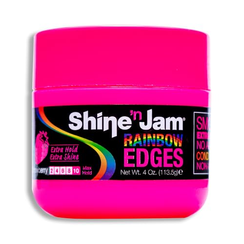 AmPro Shine-n-Jam Rainbow Edges - Strong Hold Curly Hair Gel for Women - Styling Gel for Women - Strengthens with Silk Protein - Strawberry - 4 oz