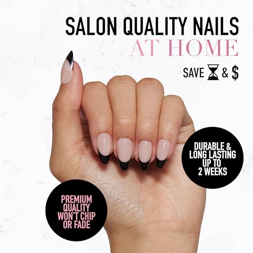 Glamnetic Press-On Nails Bundle - Caviar & Boba | Semi-Transparent, Short Almond Nails, Reusable | Opaque Black Short Almond Nails | Reusable Nail Kit with Glue