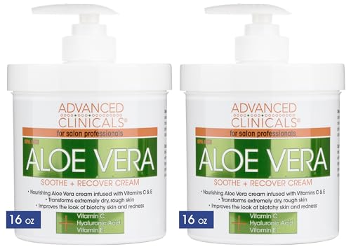 Advanced Clinicals Aloe Vera Lotion Sun Burn Recovery Cream | After Sun Body Lotion W/Vitamin C + Hyaluronic Acid | Sun Damaged Skin Repair Moisturizing Cream | Skin Care Products, Large 16 Oz, 2PC