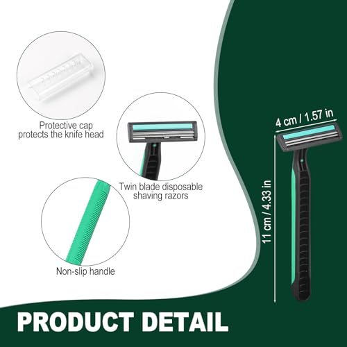 Disposable Twin Blade Razors in Bulk, Individually Wrapped - Clear Safety Cap, For Homeless, Hotel, Airbnb, Travel (pack of 50,green)