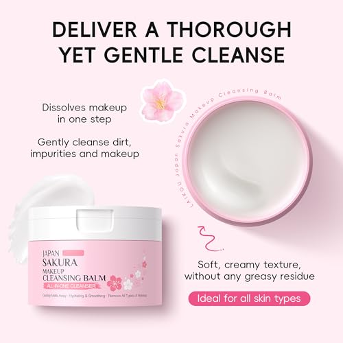 Sakura Makeup Cleansing Balm, Hydrating & Smoothing All-In-One Cleanser Quickly Melts Away, Gently Cleanse Dirt, Impurities And Makeup Face Cleanser & Makeup Remover for Women Girls, 3.53oz.
