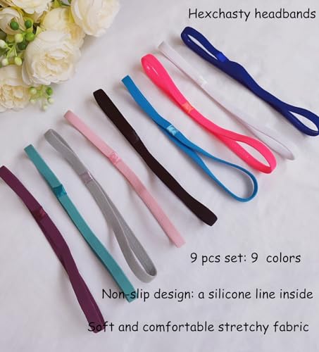 Hexchasty 9pcs Elastic Thin Headbands for Women Stretchy Skinny Headbands Sports Athletic Hair Bands for Women Men Girls Boys Teen Black Multi-colored