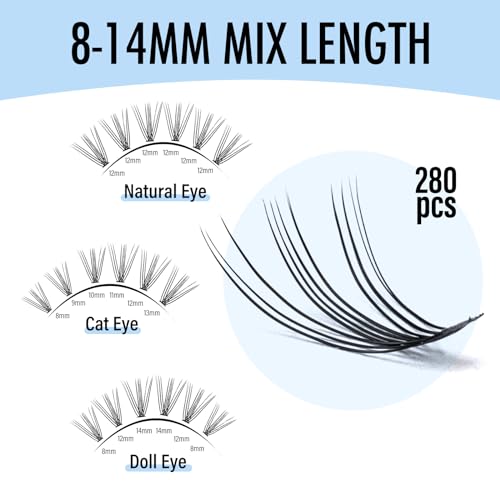 20D Lash Clusters 280pcs DIY Eyelash Extensions 8-14mm
