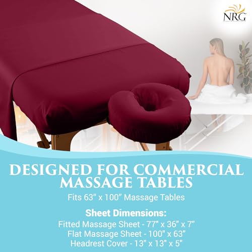 Premium Microfiber 3 Piece Massage Sheet Set by NRG - Includes Massage Table Flat Sheet, Fitted Sheet and Face Rest Cover - 100% Double Brushed Polyester, Soft as Silk - 120 GSM - Color: Merlot