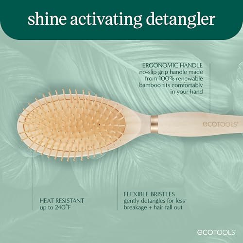 EcoTools Shine Activating Detangler Hairbrush, Brush For Wet Or Dry Hair, Gently Detangle & Style Hair, Heat Safe Paddle Brush, Flexible Bristles, Renewable Bamboo, Vegan & Cruelty-Free, 1 Count