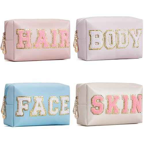 HBselect Preppy Makeup Bag 4 Pcs Travel Toiletry Bag Chenille Letter Patch Makeup Bag Portable Cosmetic Bag for Women PU Leather Waterproof Organizer Make up Bag for Women Girls