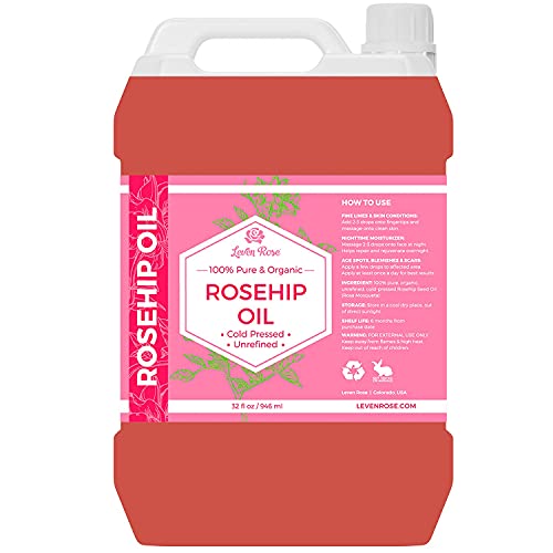Leven Rose Rosehip Seed Oil 32 oz - Pure Cold Pressed Oil for Face, Body, Hair, Skin & Nails - Nighttime Moisturizer