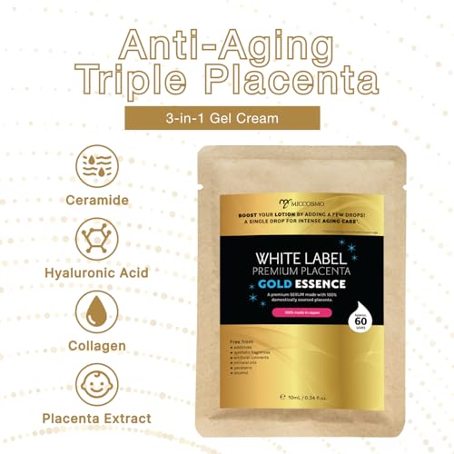 White Label Premium Placenta Gold Essence 10ml ? Japanese Anti-Aging Serum with Placenta, Hyaluronic Acid & Collagen ? Hydrating Care for Dry, Dull or Sagging Skin