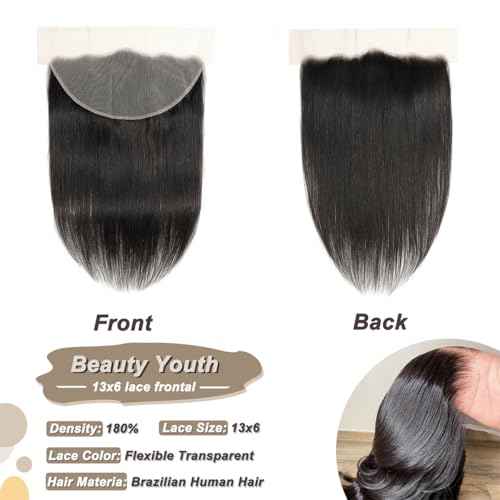 13x6 Lace Frontal Straight Transparent Pre Plucked Ear to Ear Lace Frontal Closure With Baby Hair Free Part Brazilian Virgin Human Hair 180% Density 26 Inch