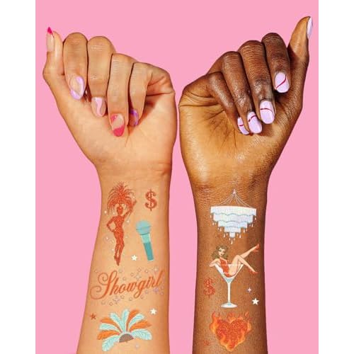 xo, Fetti Showgirl Tattoos - 64 Temporary Tattoos | Bachelorette Party, Life of a Birthday Girl, Glitter Tattoos Party Accessory, Vegas, Casino