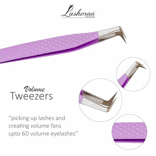 LASHORAA Lash Tweezers Set for Eyelash Extensions - 3 Piece Precision Fiber Tip Diamond Grip, Volume, L-Shape Boot, 90 Degree Tweezers - Includes Leather Case for Classic Lashes & Premade Fans