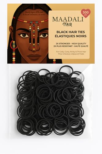 Black Hair Ties - Small Strong Rubber Bands for Thick Curly Afro Hair - 300 Pack - No Breakage, Gentle on Hair - MAADALI
