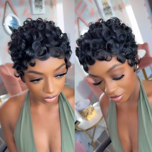 VRZ Pixie Cut Wig Human Hair Glueless Layered Black