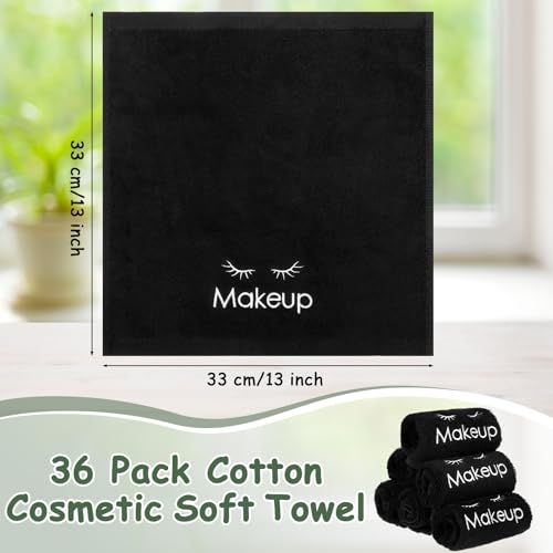 Shimeyao 13x13 Inch Black Makeup Towels Bulk Reusable Makeup Washcloths for Face Facial Remover Washcloths Absorbent Cotton Towel for Salon Spa Women Skin Care(36 Pcs,Classic)