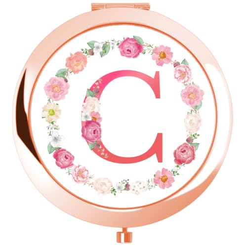 Jekiinova Rose Gold Floral Initial Compact Mirror Personalized Gift for Sister Women