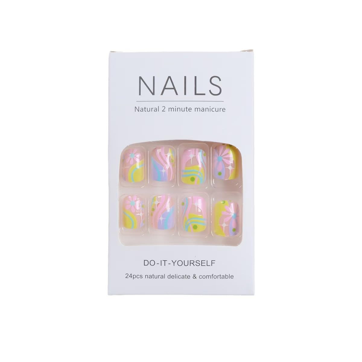 Colorful Stripe Press on Nails Short Square Fake Nails Glossy False Nails With Pink Flowers Designs Full Cover Nude Stick on Nails for Women Manicure 24 Pieces 24Pcs